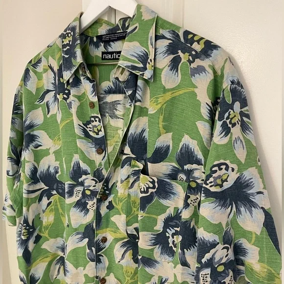 Vintage Nautica Shirt Mens Medium Green Blue Hawaiian Floral Aloha Linen Blend - Picture 5 of 9